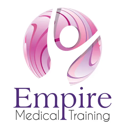 Empire Medical Training logo a pink abstract circle with a stylized human figure above the text Empire Medical Training