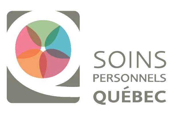 Soins Personnels Québec logo with a multicolored circular petal emblem inside a grey rounded square frame